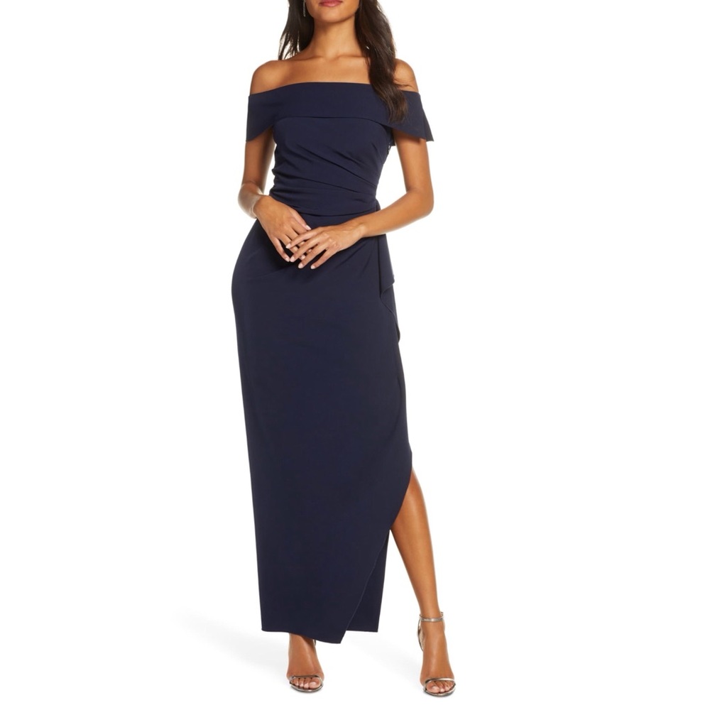 Vince Camuto Navy Off the Shoulder Gathered Dress